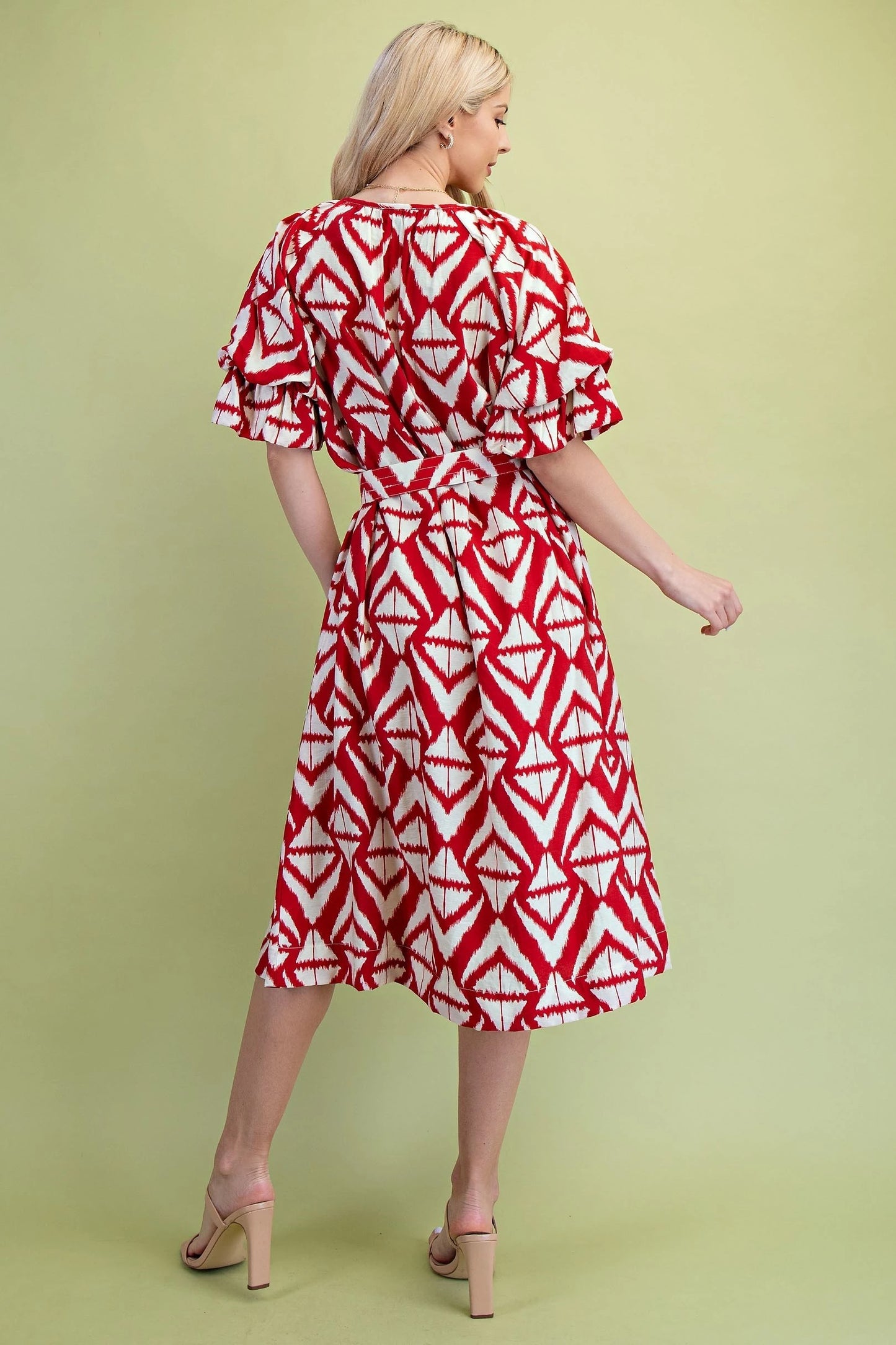 Red Geo Print Dress with Belt