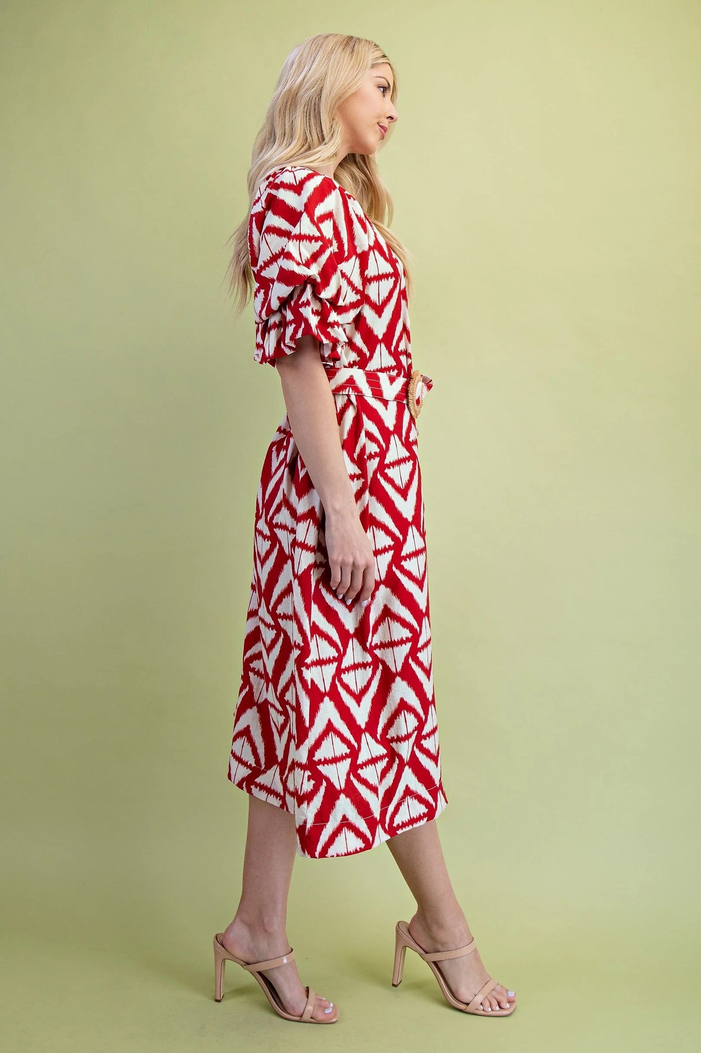 Red Geo Print Dress with Belt