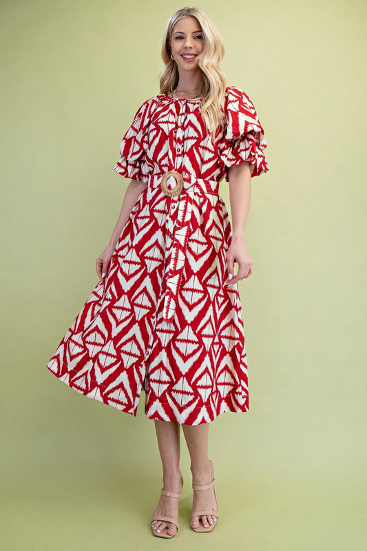 Red Geo Print Dress with Belt
