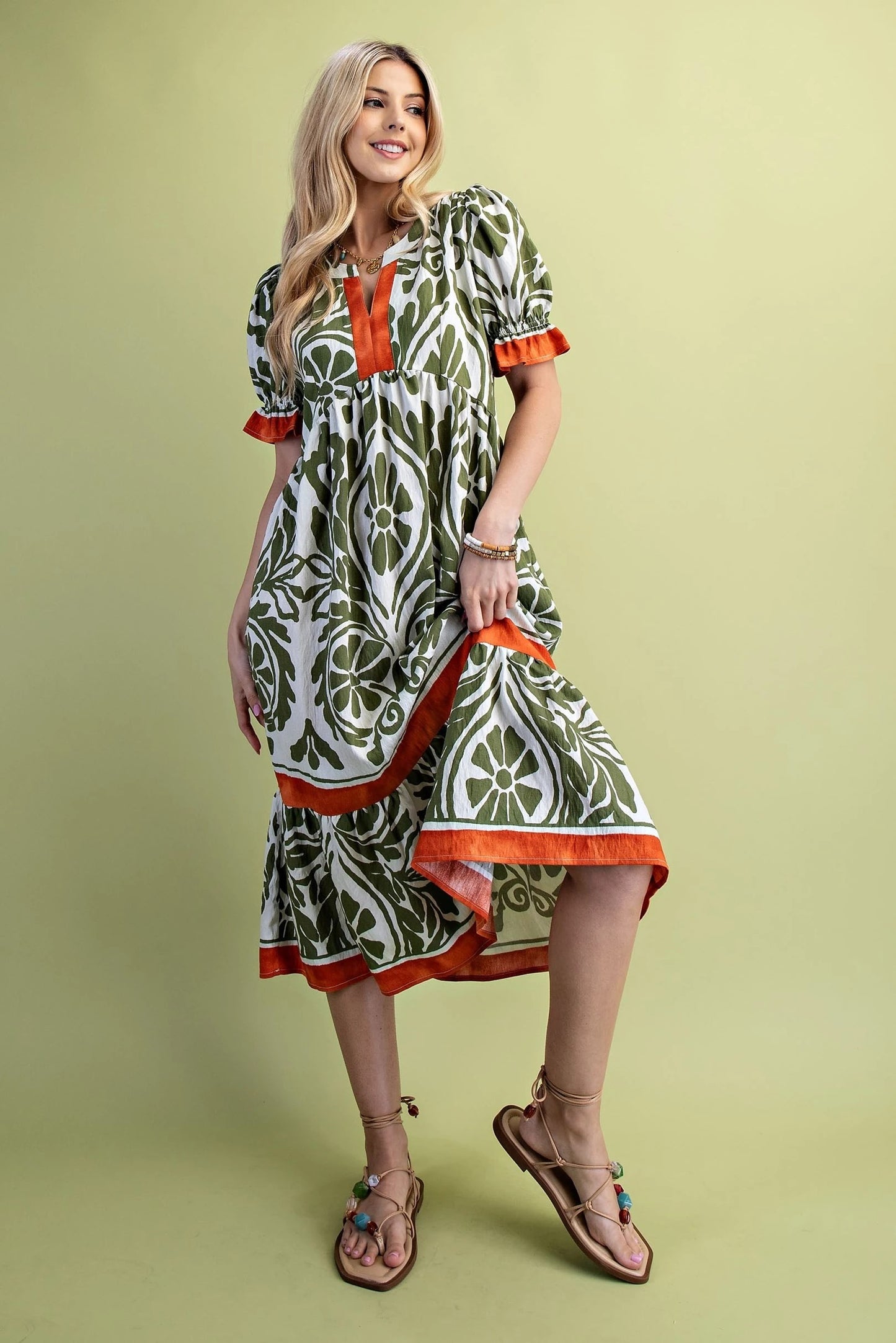 Olive Print Midi Dress with Orange Detailing
