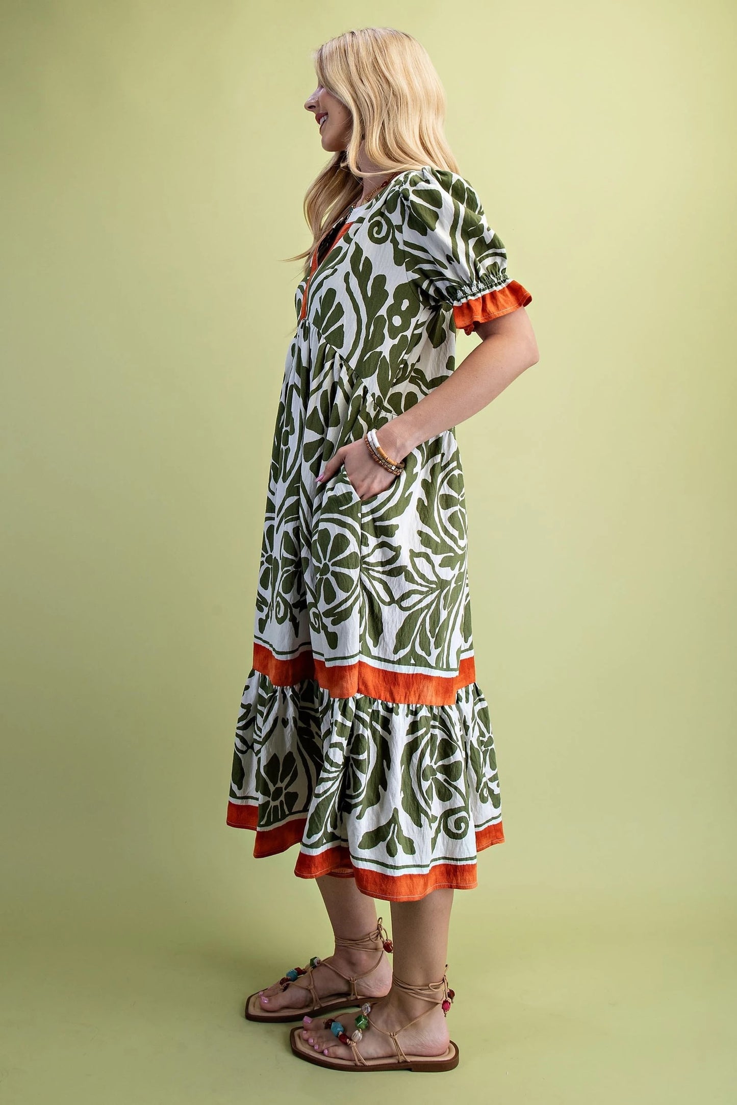 Olive Print Midi Dress with Orange Detailing