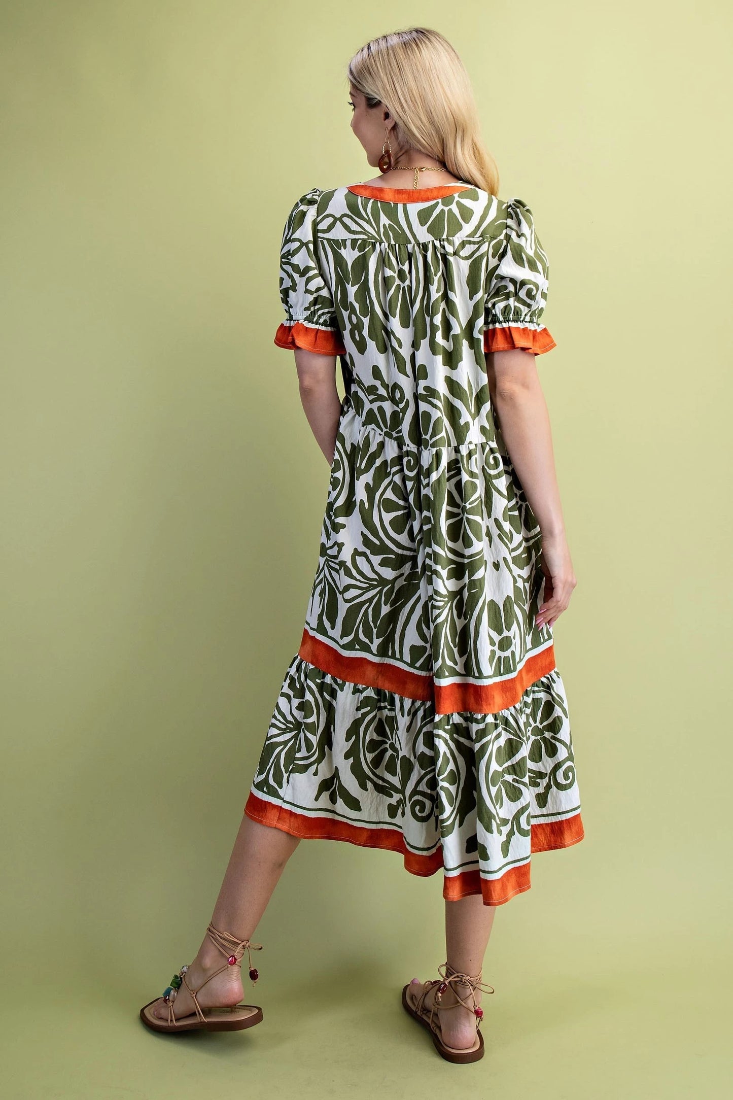 Olive Print Midi Dress with Orange Detailing