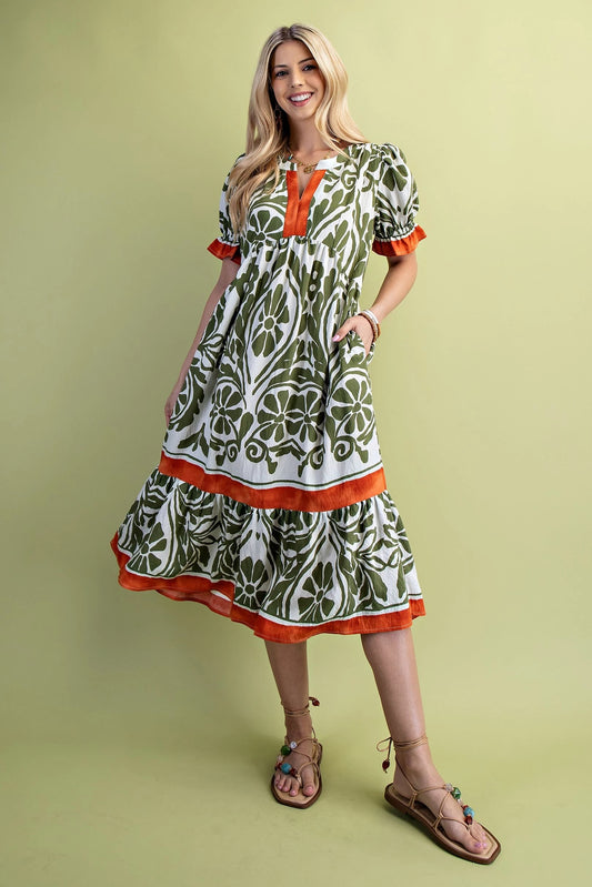 Olive Print Midi Dress with Orange Detailing