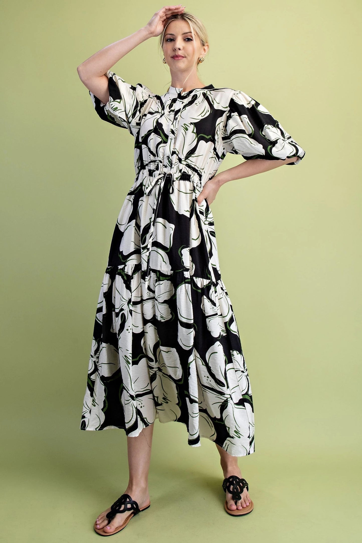 Bold Floral Print Midi Dress in Black, White, & Green