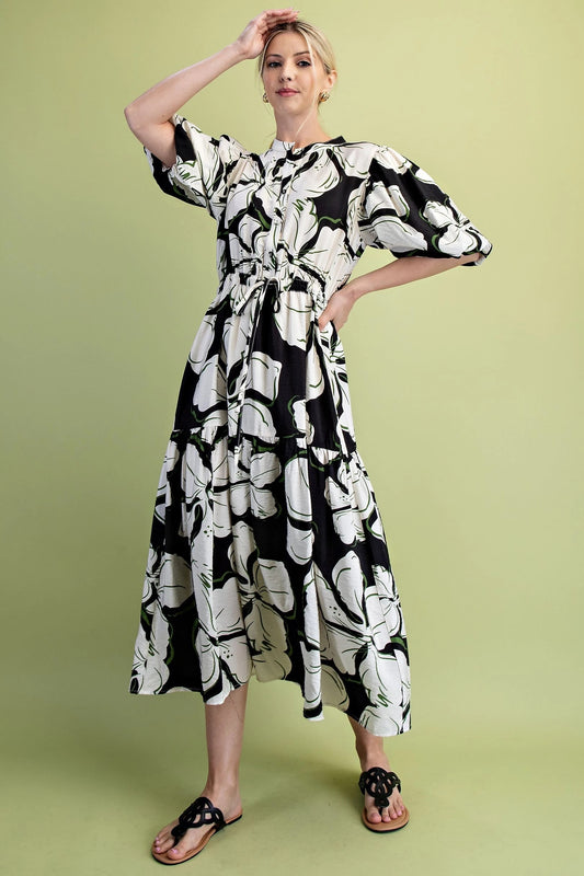 Bold Floral Print Midi Dress in Black, White, & Green