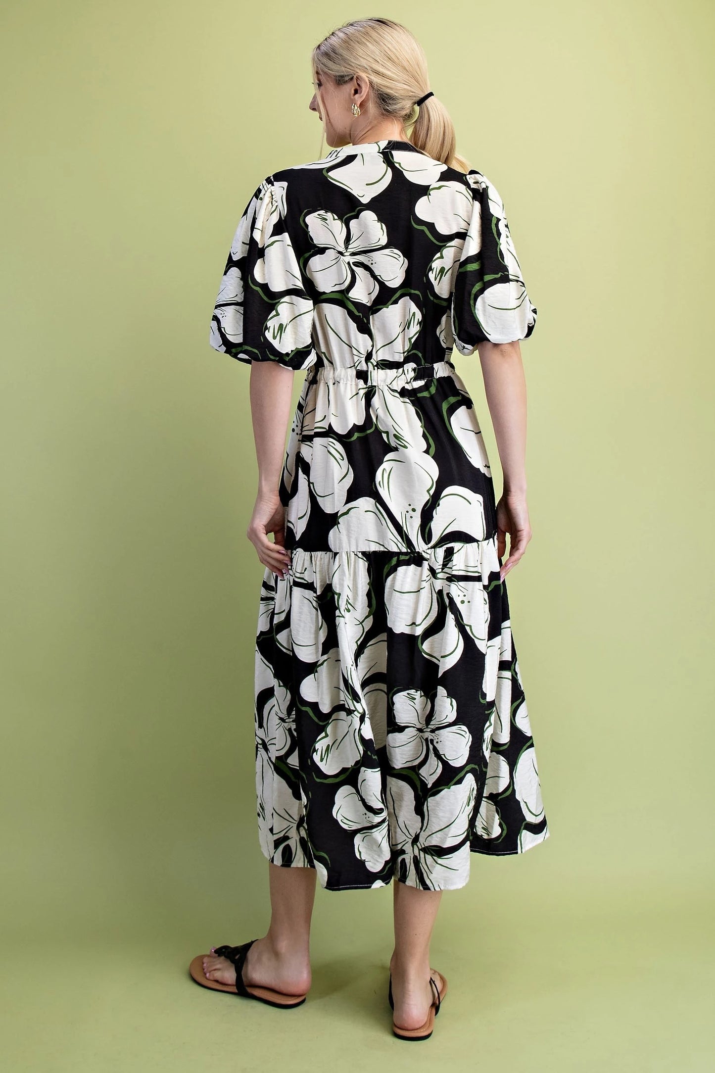 Bold Floral Print Midi Dress in Black, White, & Green