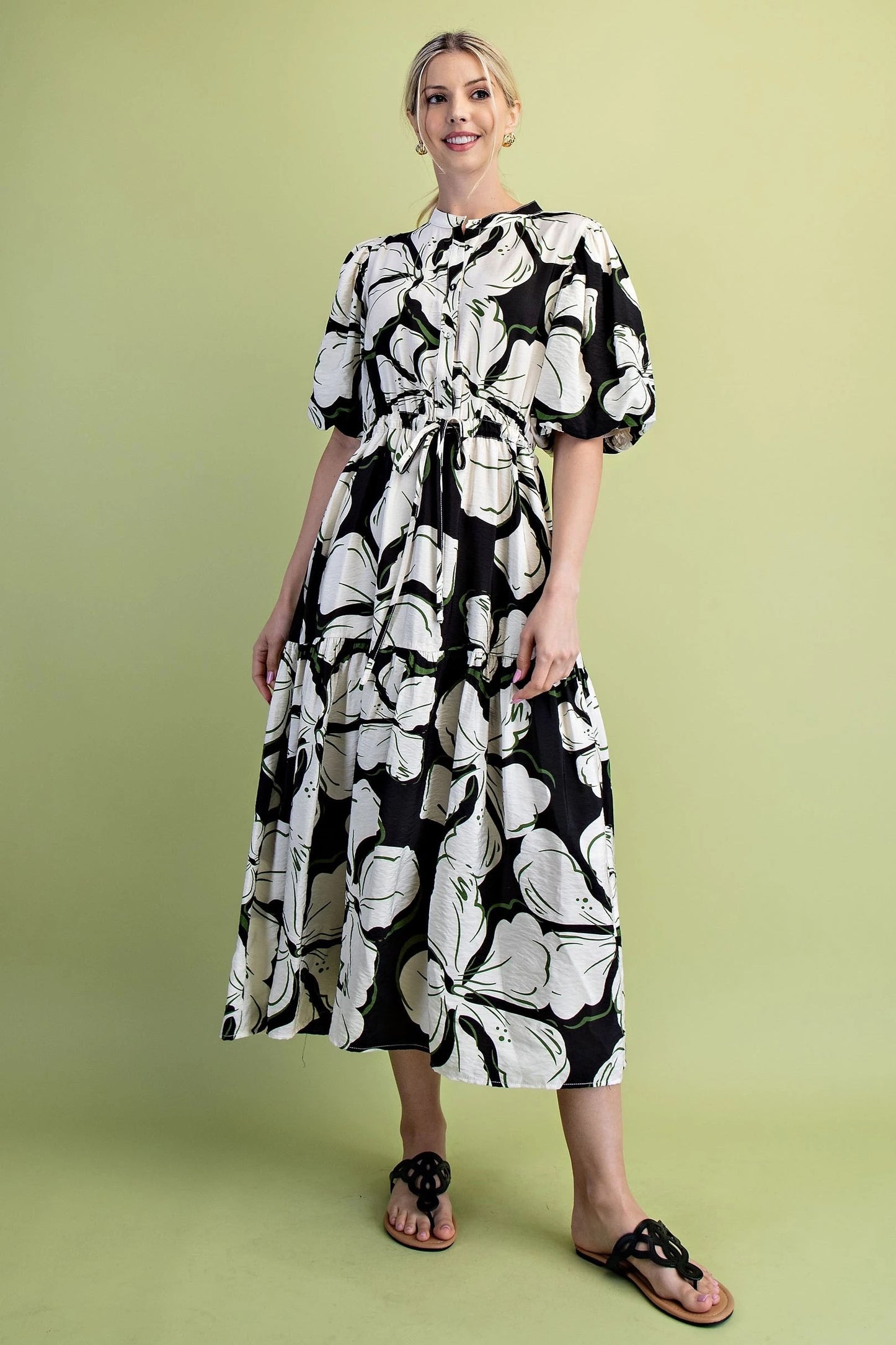 Bold Floral Print Midi Dress in Black, White, & Green