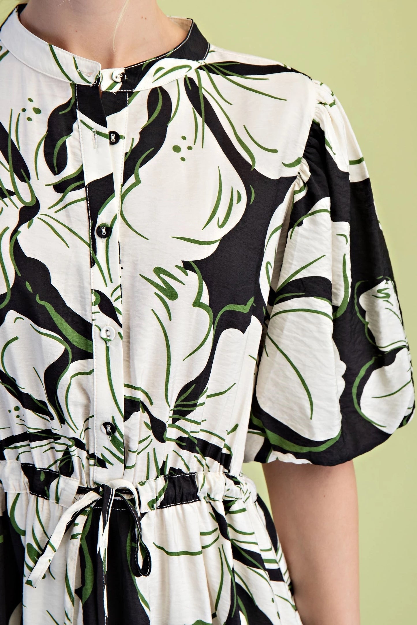 Bold Floral Print Midi Dress in Black, White, & Green