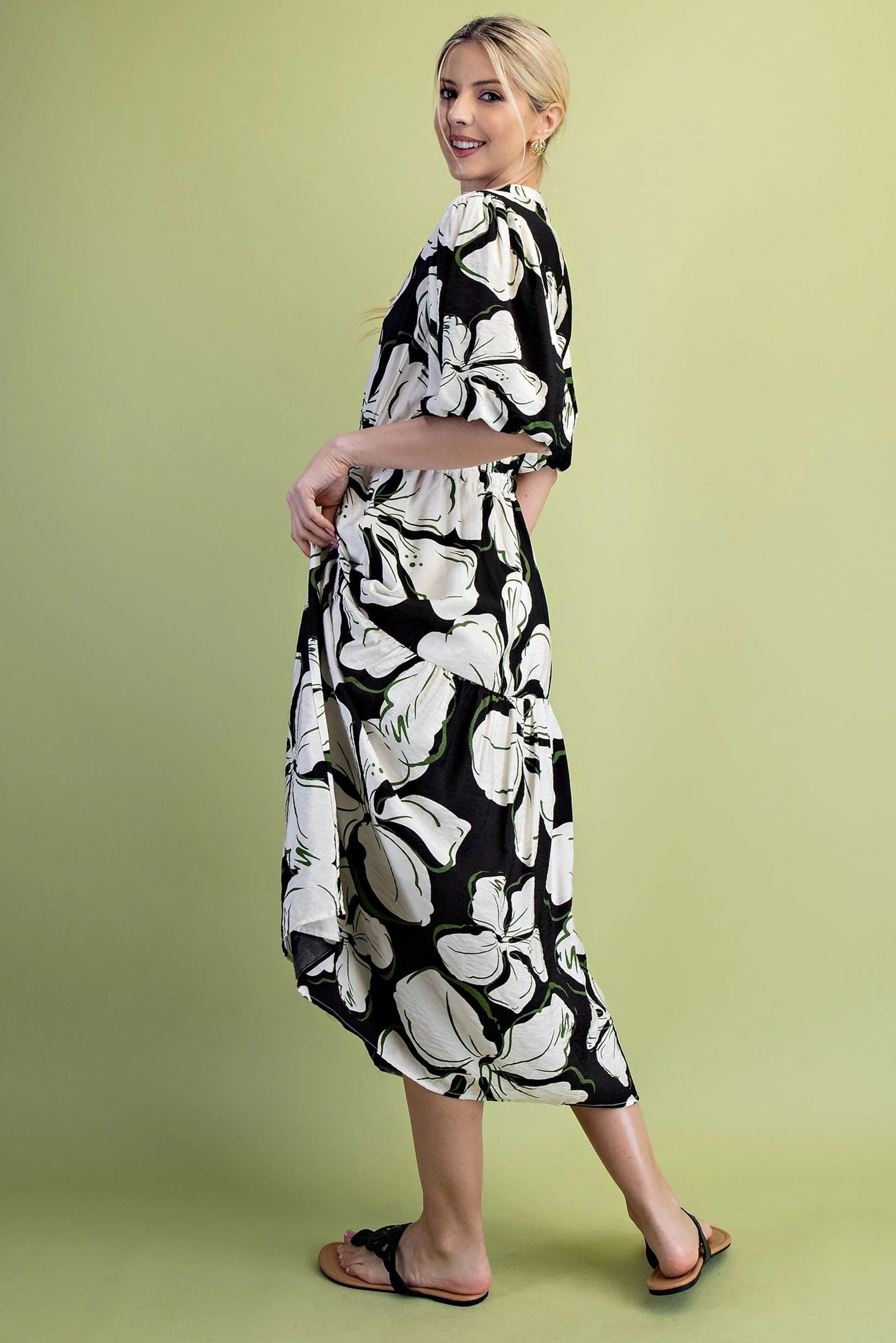 Bold Floral Print Midi Dress in Black, White, & Green