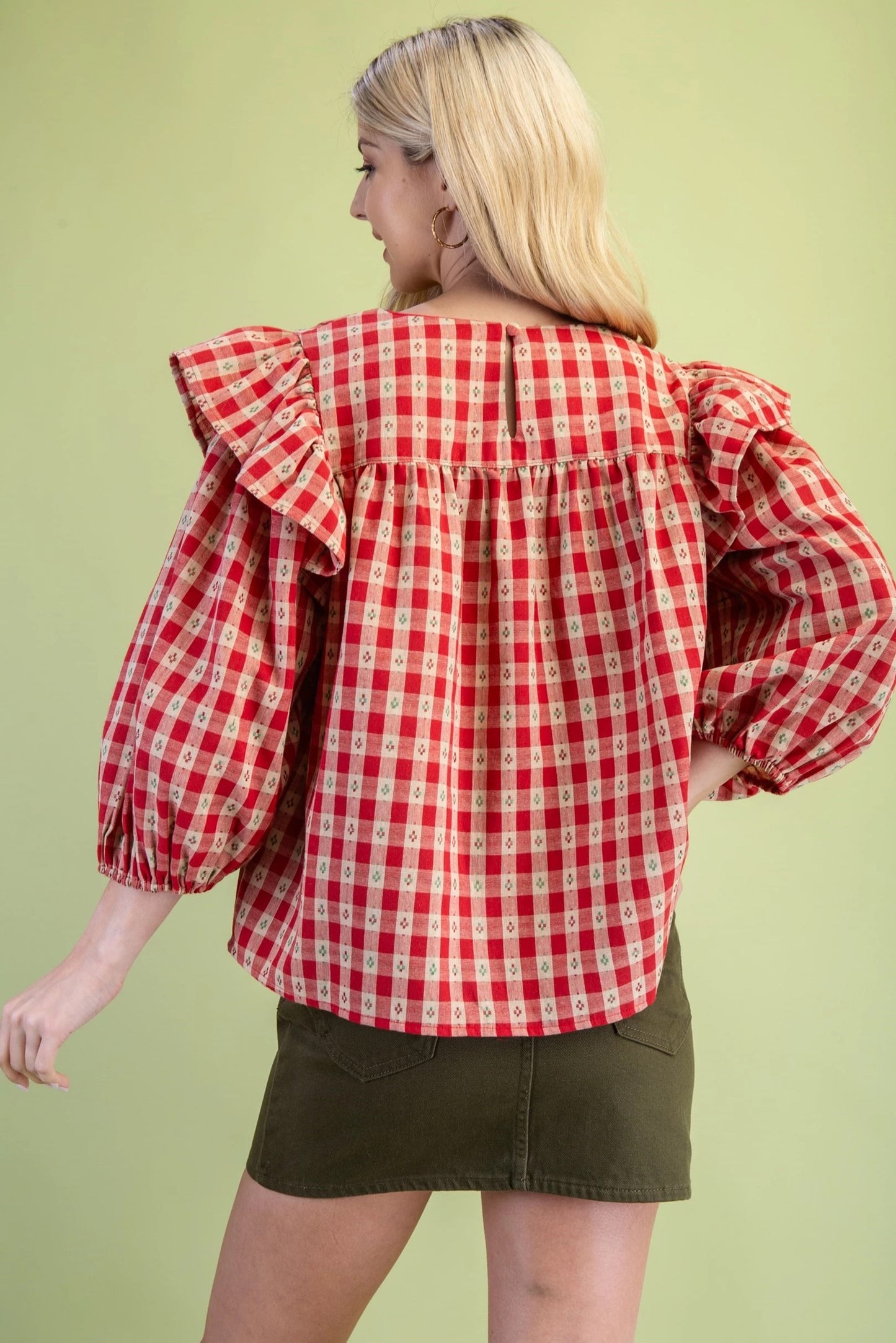 Apple & Tan Ruffle Sleeve Top