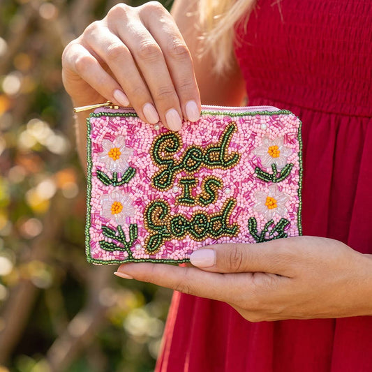 God Is Good Daisy Beaded Coin Pouch: PINK