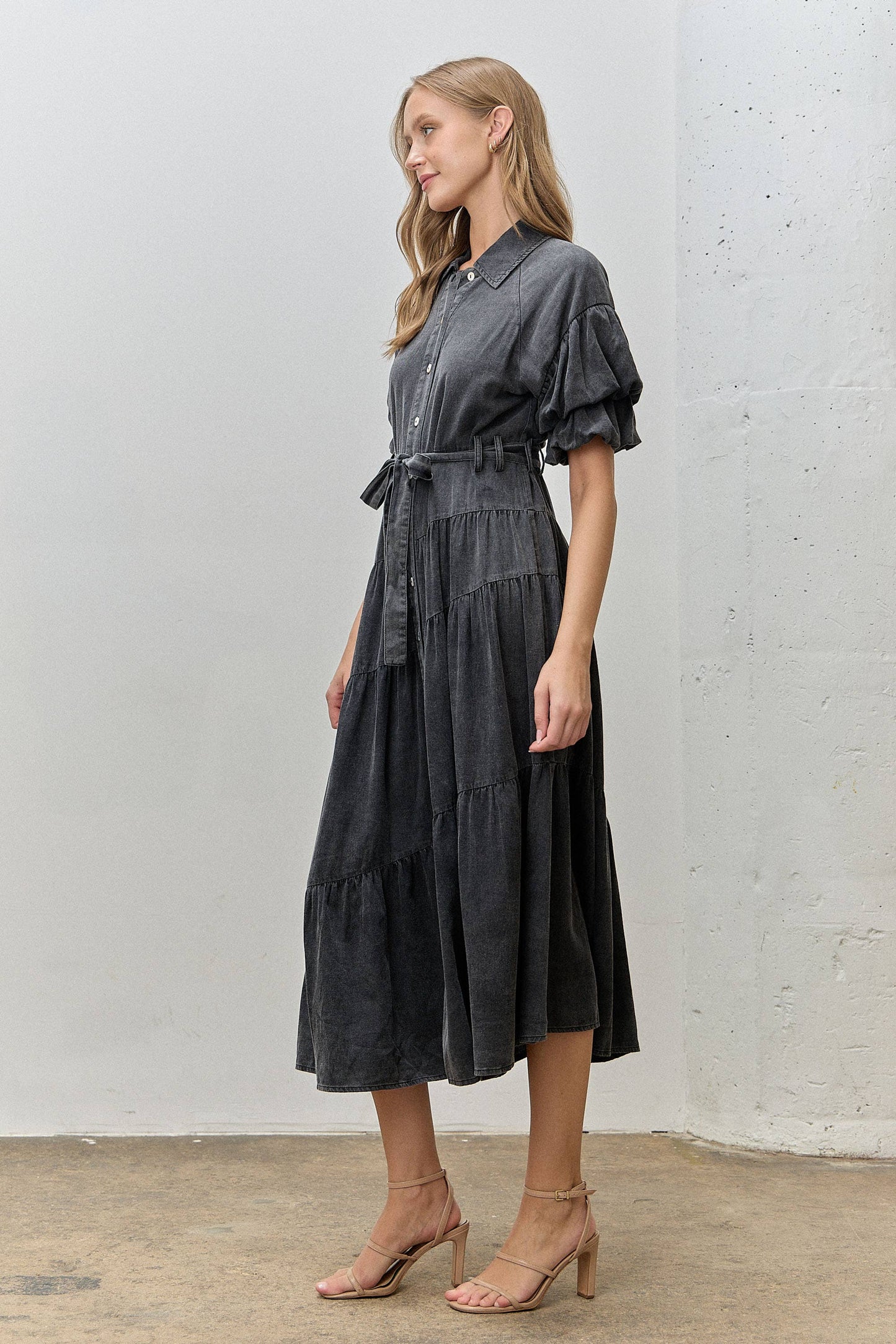 WASHED MAXI SHIRT DRESS: BLACK