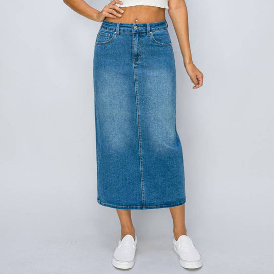 BASIC DENIM MAXI SKIRT WITH BACK SLIT