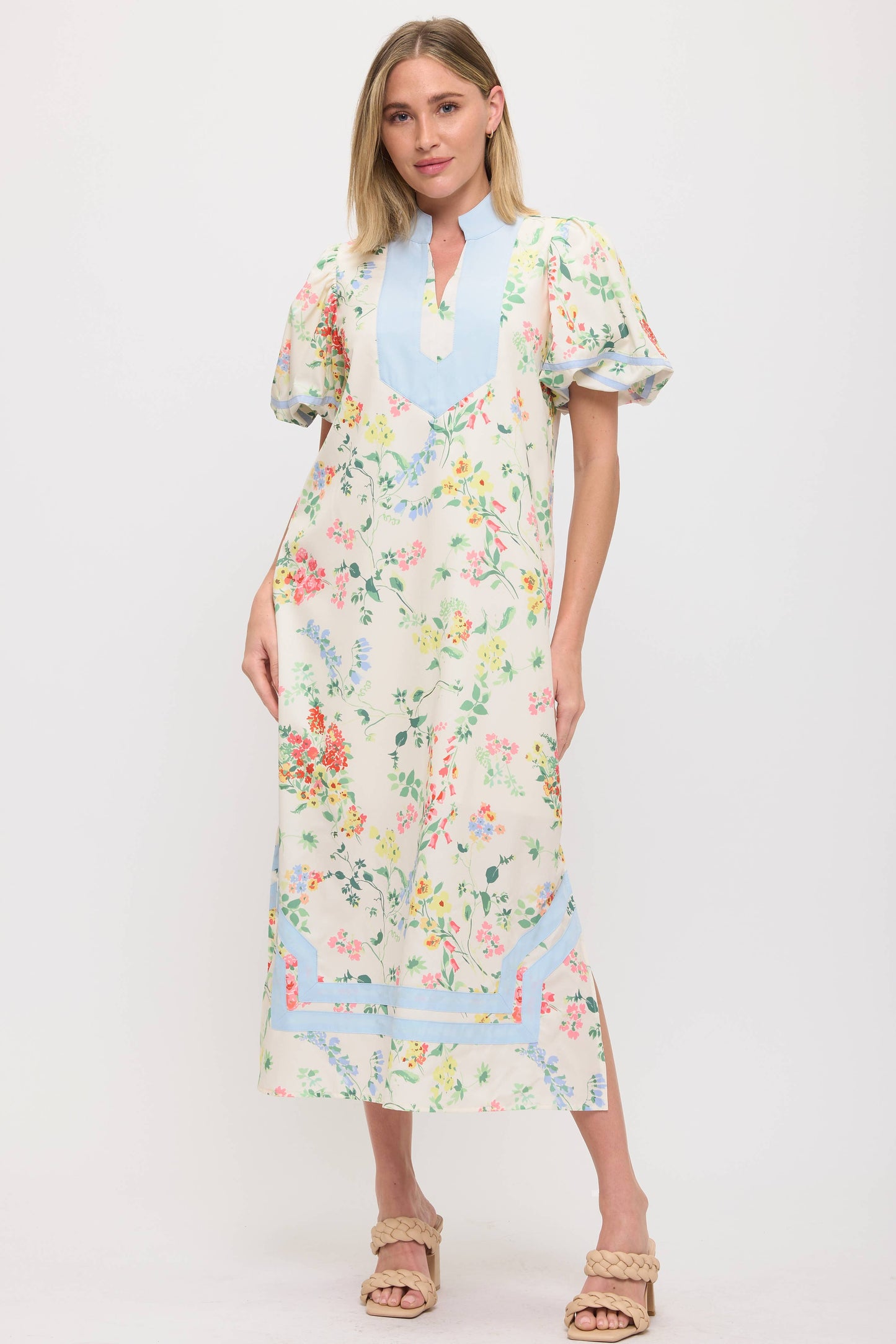 Floral Dress with Soft Blue Contrast Piping