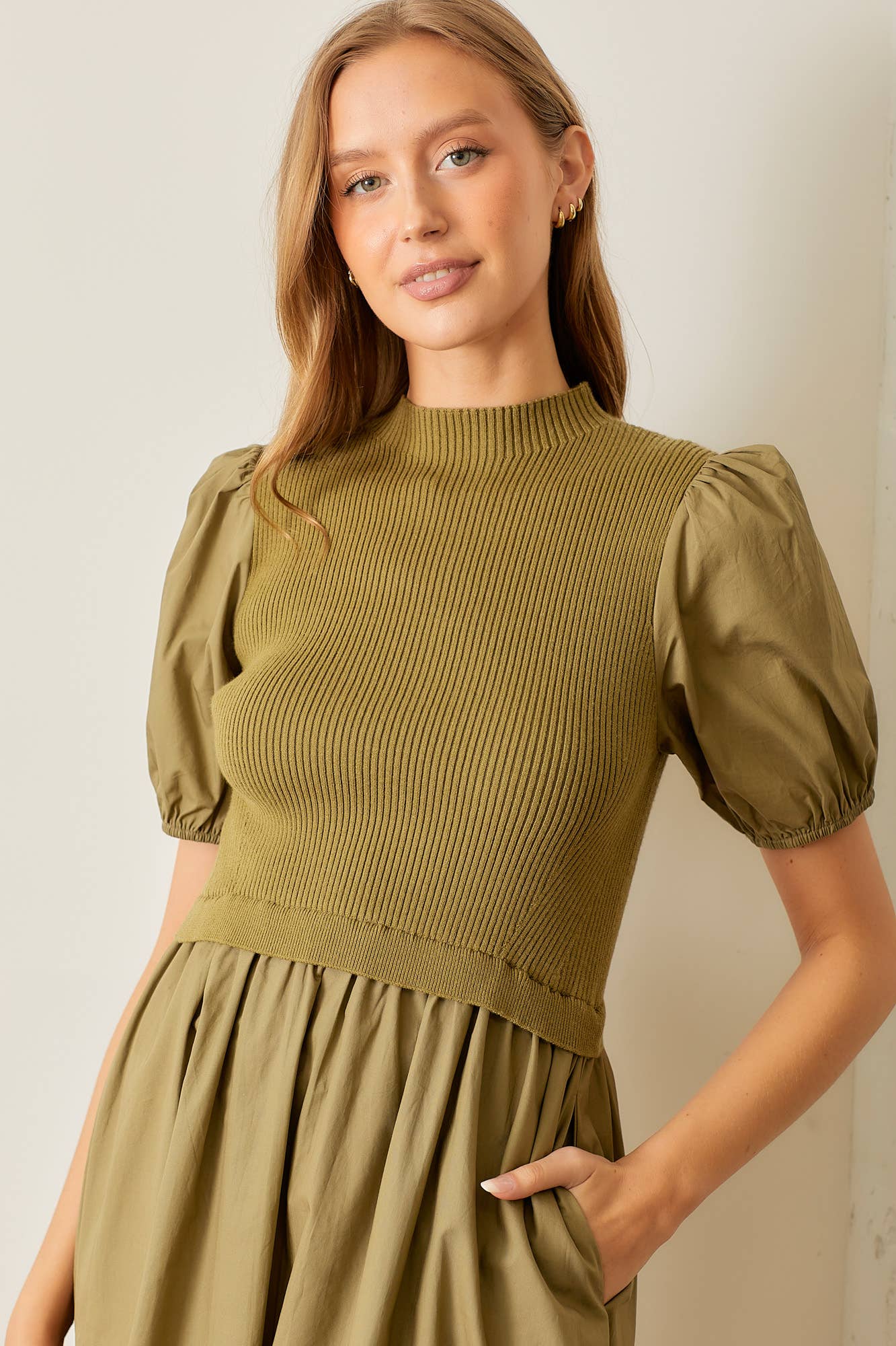 KNIT BODICE MAXI DRESS: OLIVE