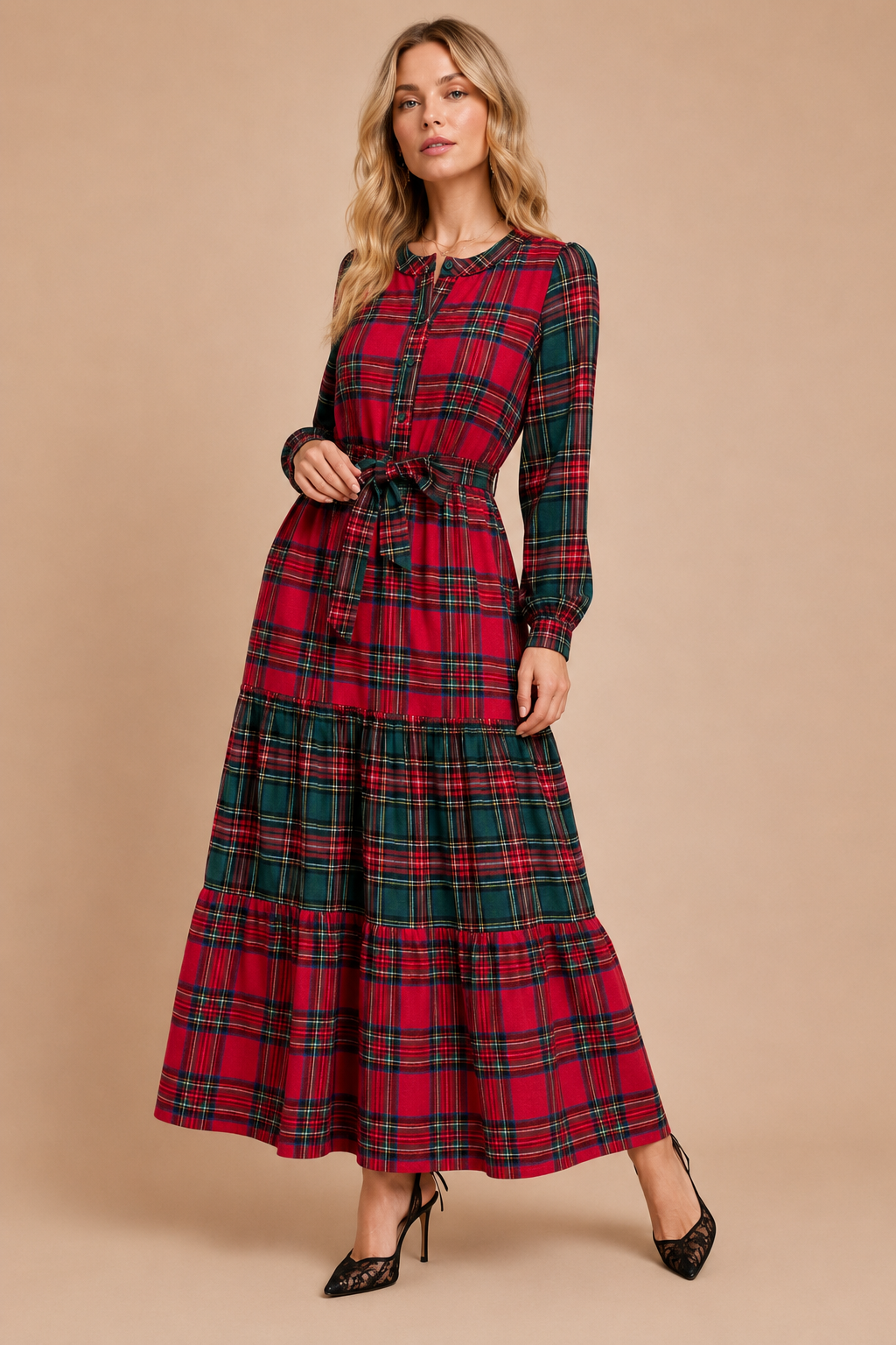 Festive Mixed-Plaid Tiered Maxi Dress: RED GREEN
