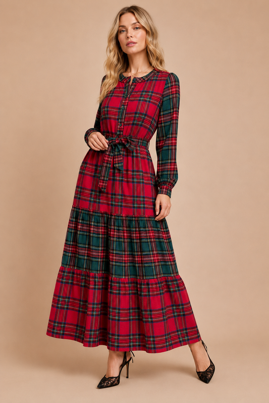 Festive Mixed-Plaid Tiered Maxi Dress: RED GREEN