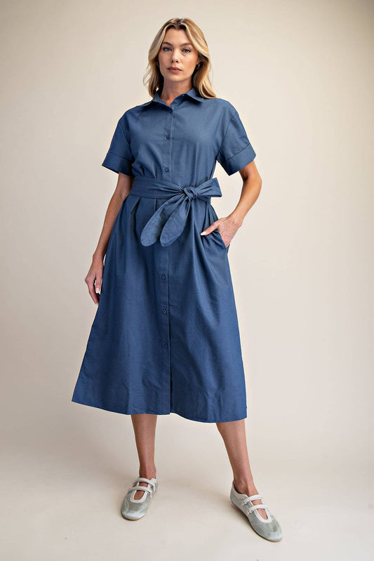 Collar Neck Button Down Shirt Waist Tie Midi Dress: Indigo