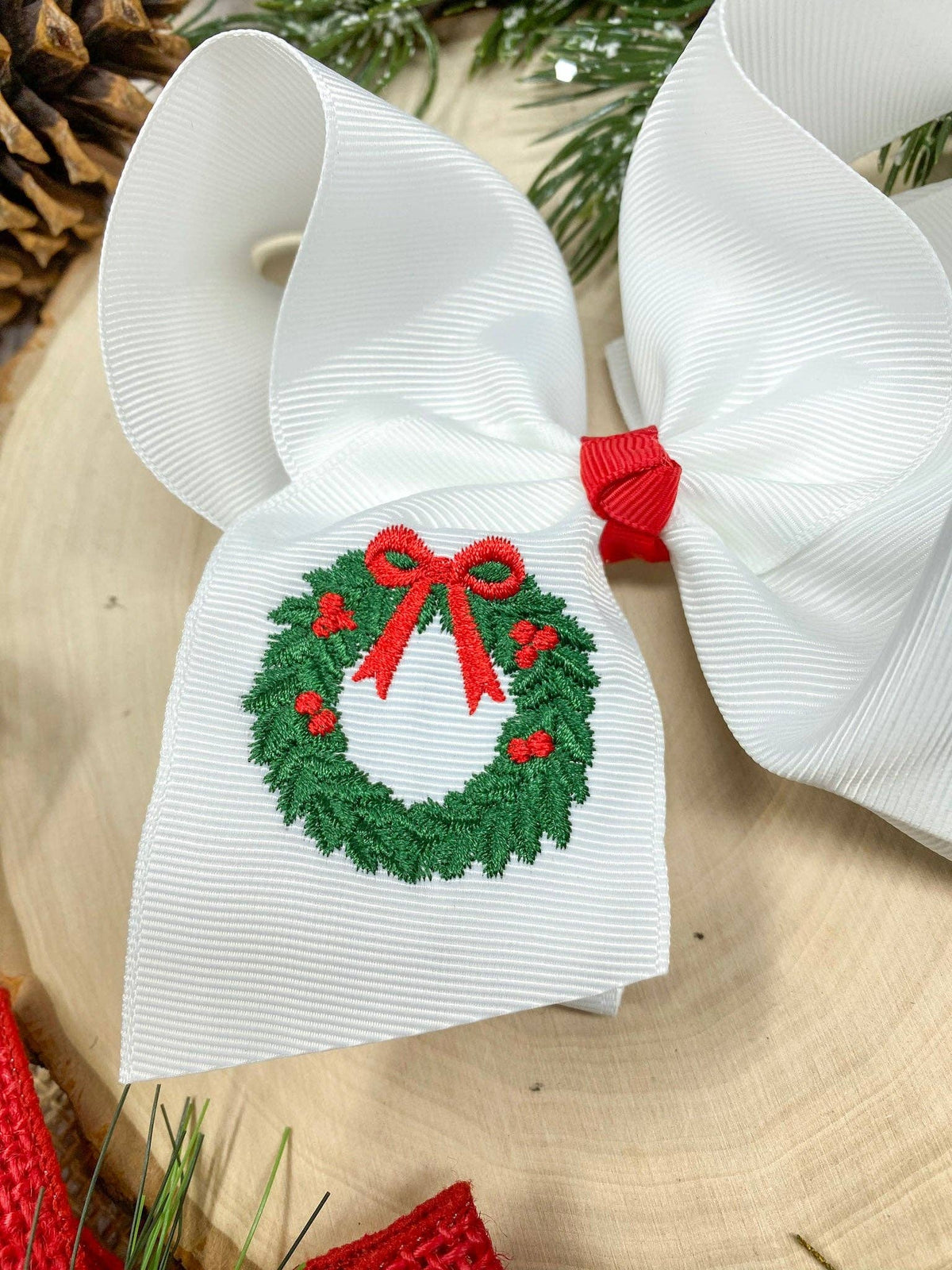 The Hair Bow Company - Wreath Embroidered Hair Bow | Christmas Hair Bow | Clip or Headband: Hair Bow on Clip