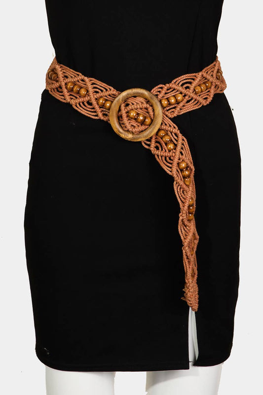 Wooden Buckle Beaded Braid Belt: KA