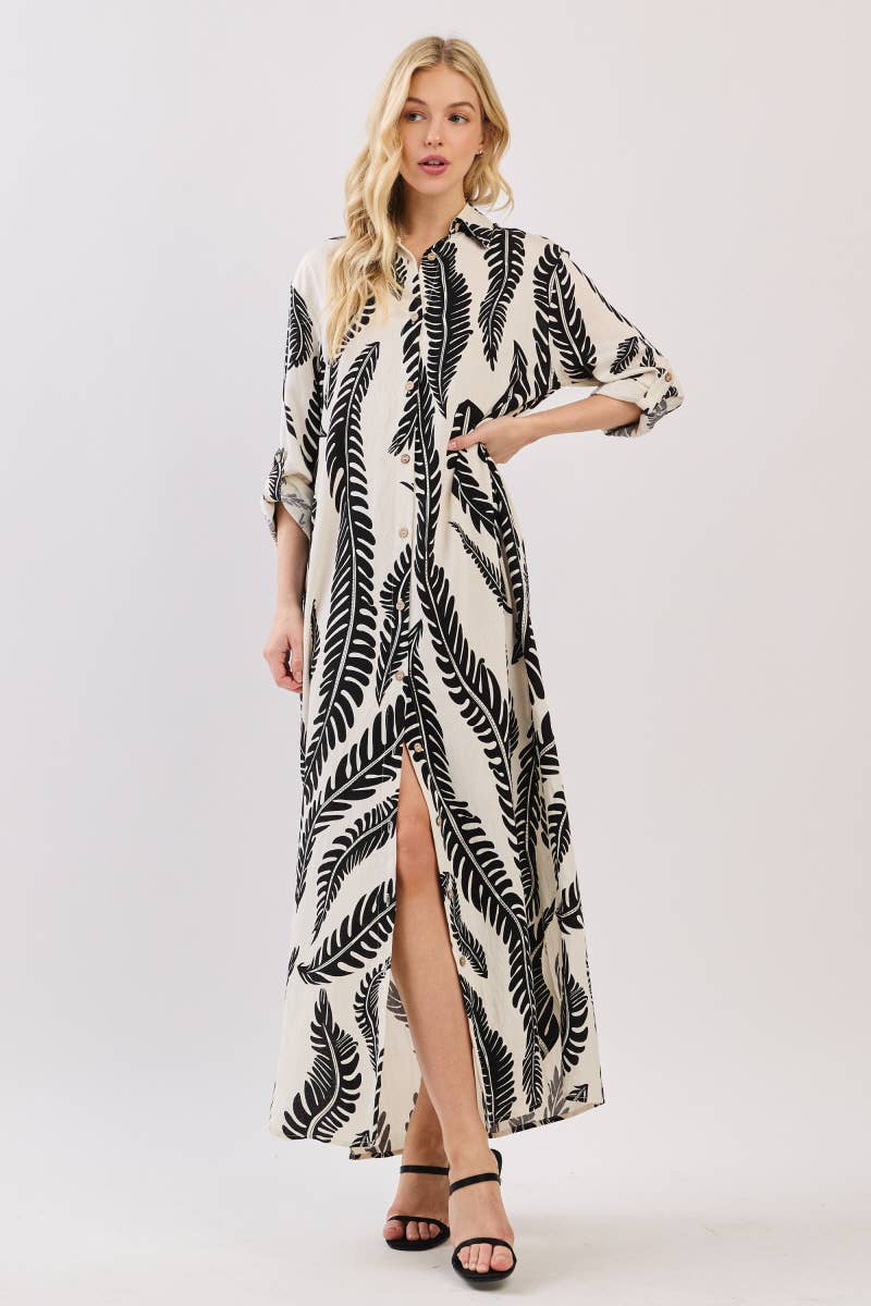 Palm Print Button-Down Maxi Dress