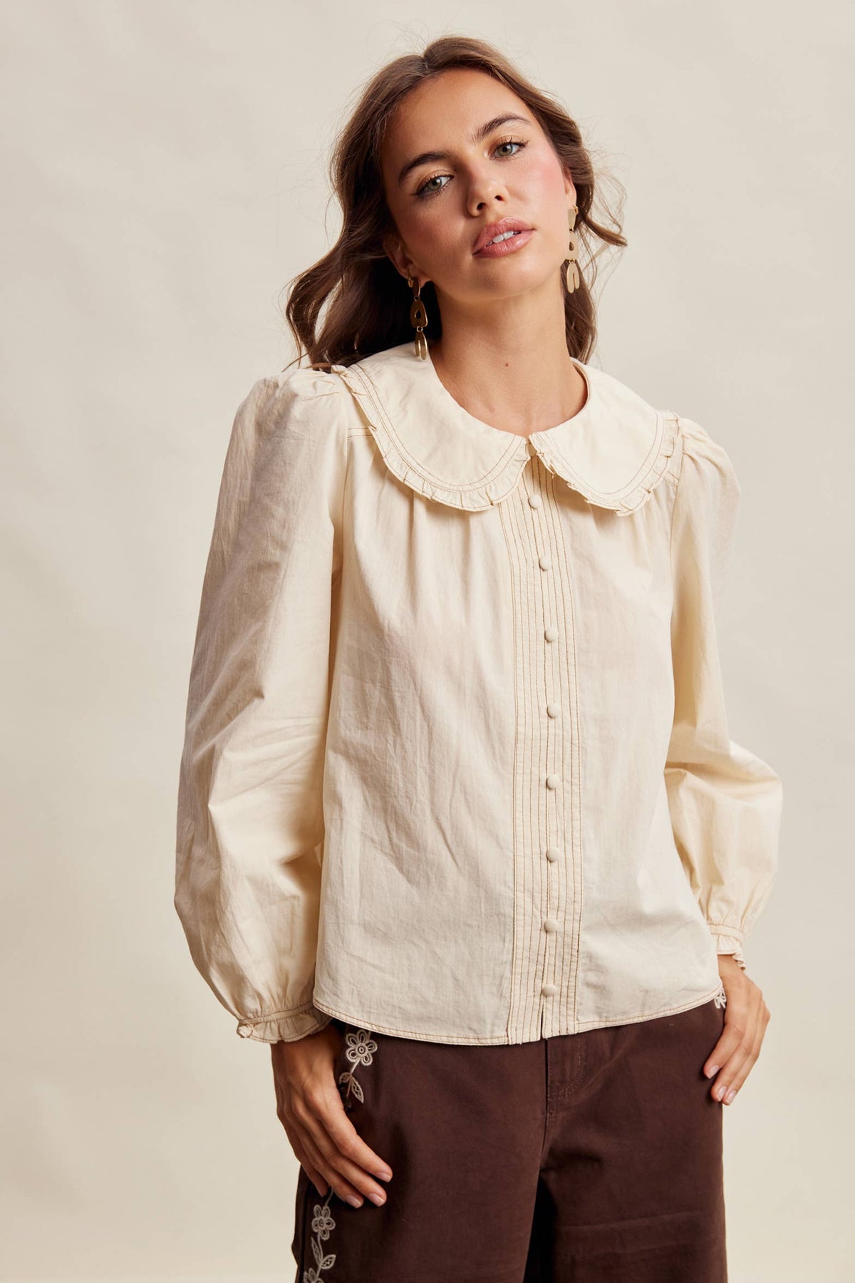 Contrast Stitch Ruffle Collar Cotton Blouse: Cream