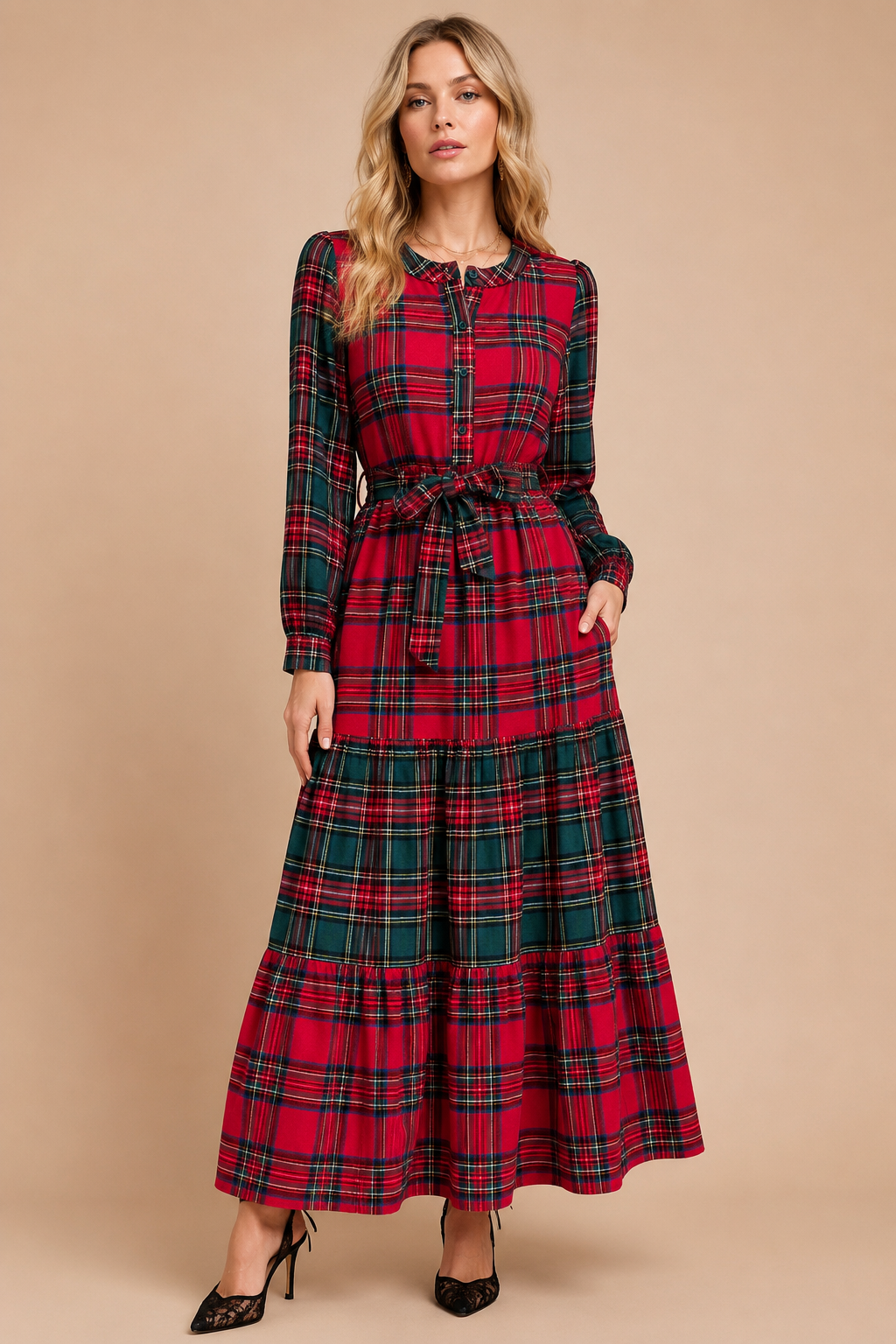 Festive Mixed-Plaid Tiered Maxi Dress: RED GREEN