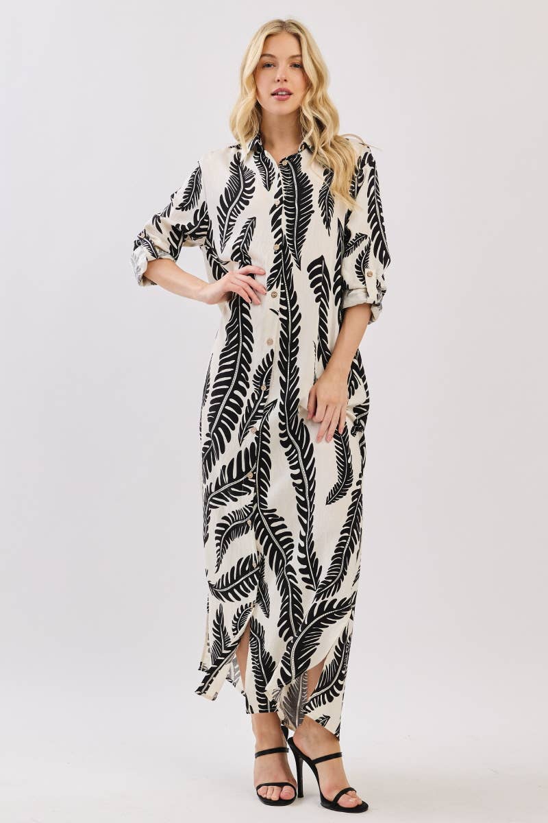Palm Print Button-Down Maxi Dress