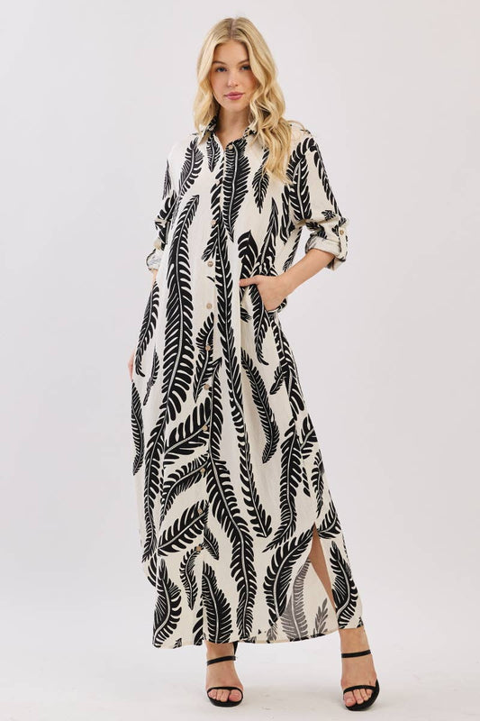 Palm Print Button-Down Maxi Dress