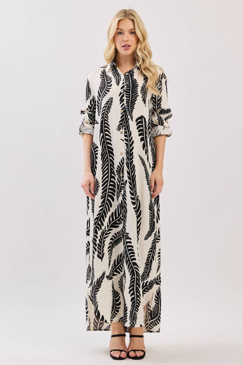 Palm Print Button-Down Maxi Dress