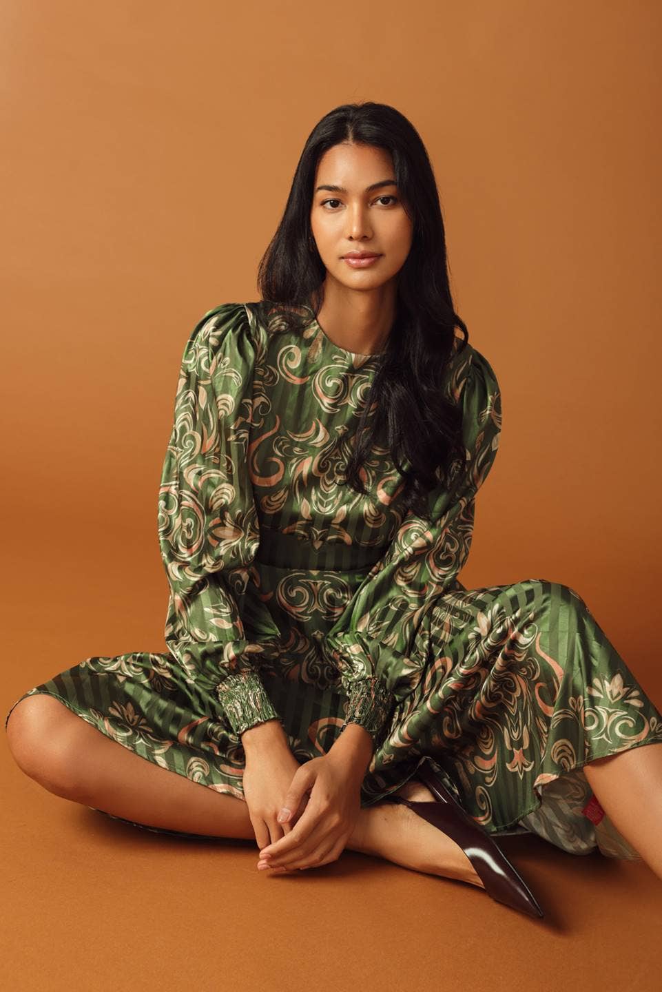 An Olive Green Midi Dress with Gold Scroll Designs