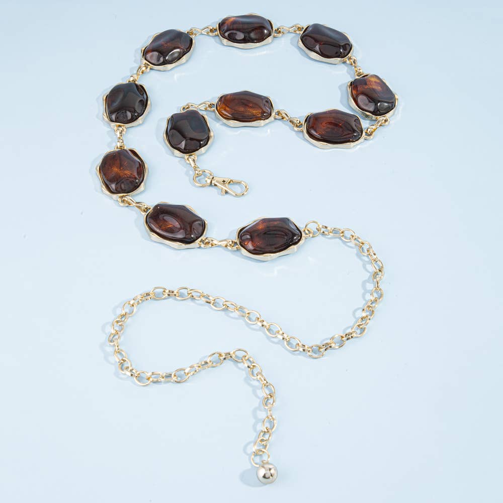 Tortoise Cabochon Gold Chain Belt: BROWN