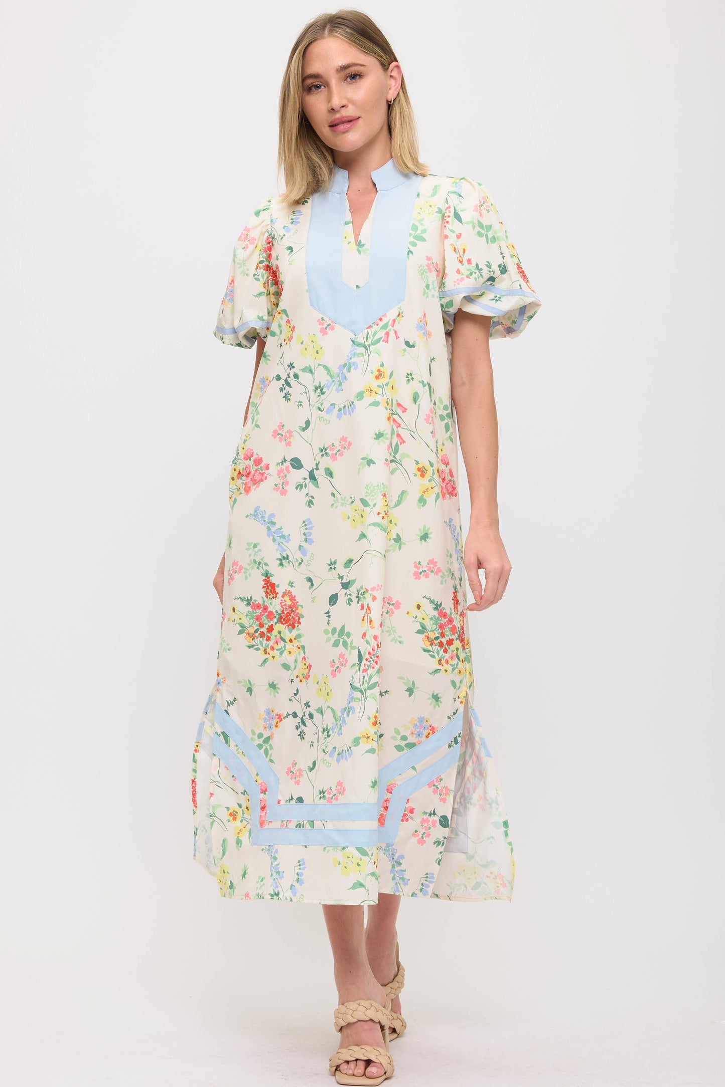 Floral Dress with Soft Blue Contrast Piping