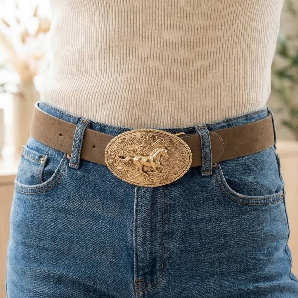 Western Large Engraved Horse Buckle Belt
