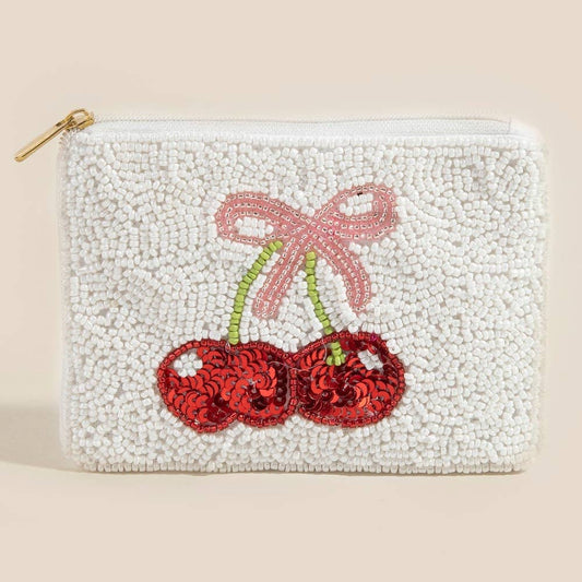 Cherry And Ribbon Bow Seed Beaded Coin Purse