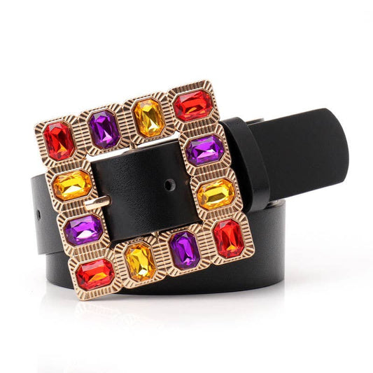 Lily Clothing - Diamond gemstone alloy buckle wide belt: BLACK / (OS) 1
