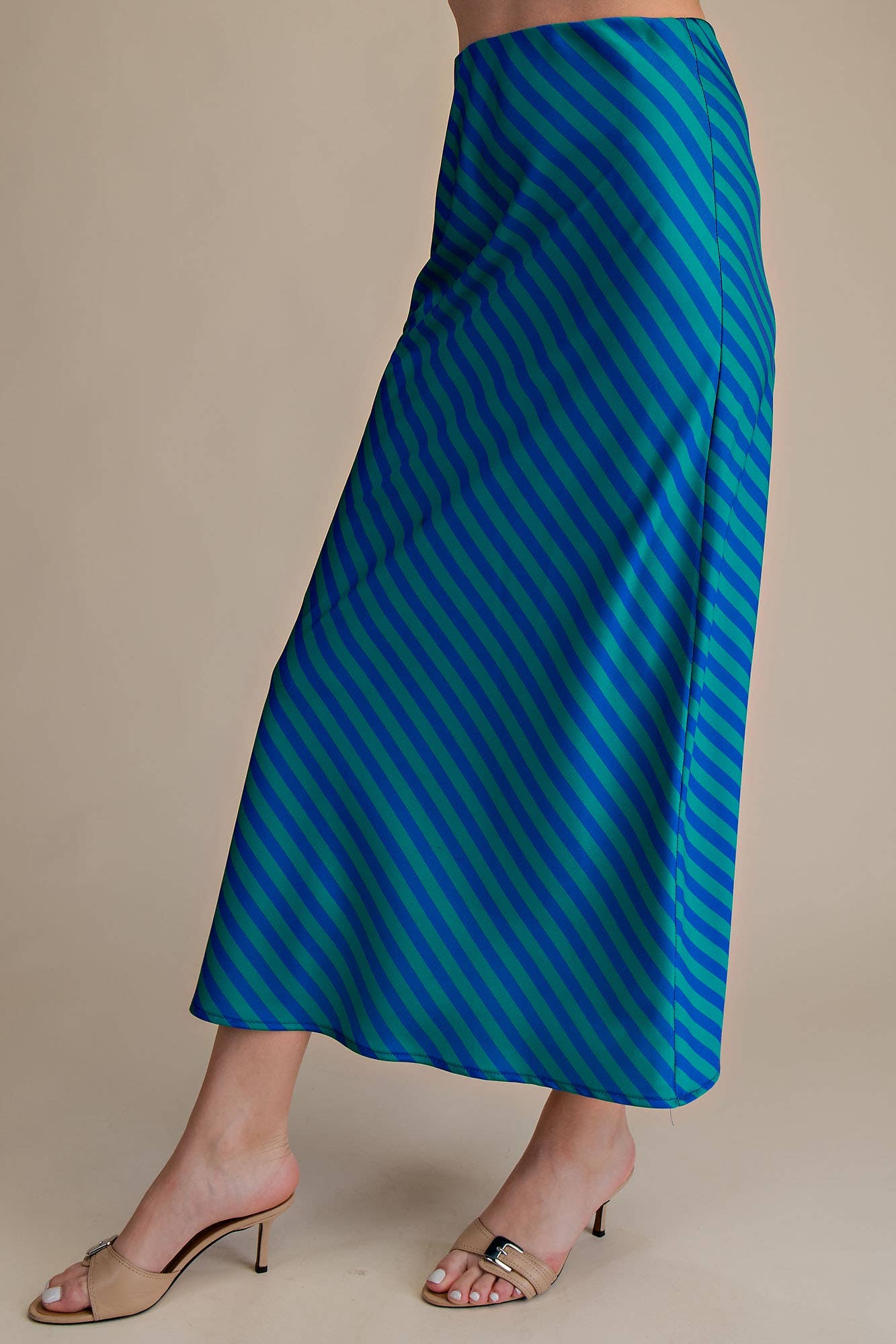 Waist Elastic Band Midi Skirt: Green/Blue