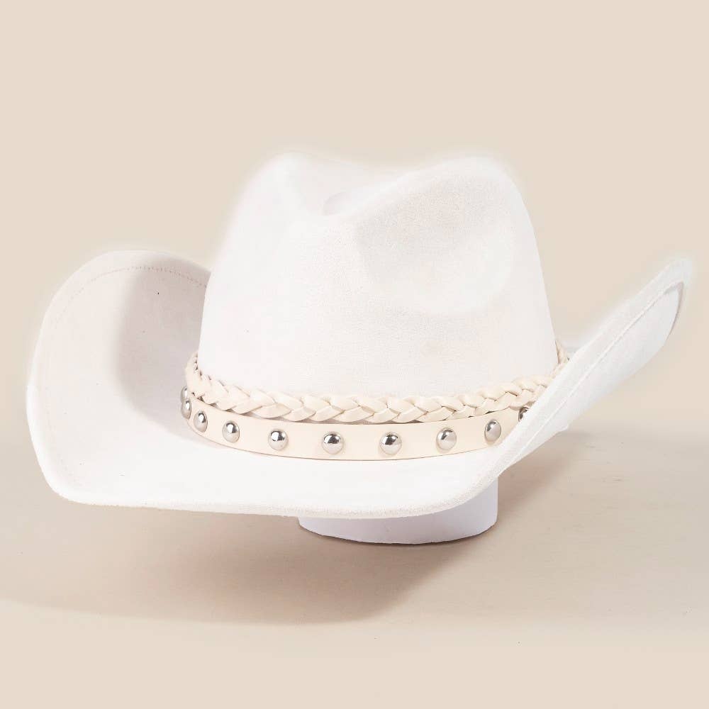 Braided And Studded Strap Faux Suede Cowboy Hat: IVORY