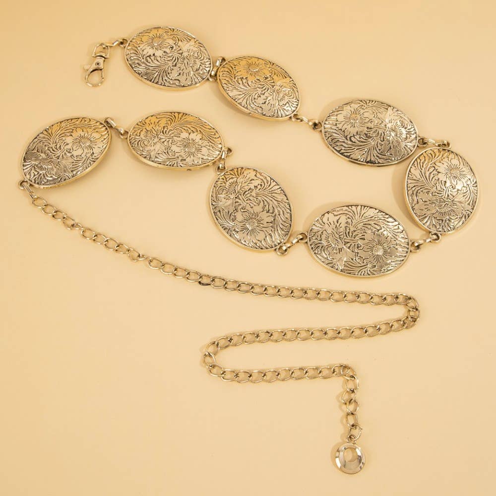Flower Engraved Oval Concho Chain Belt