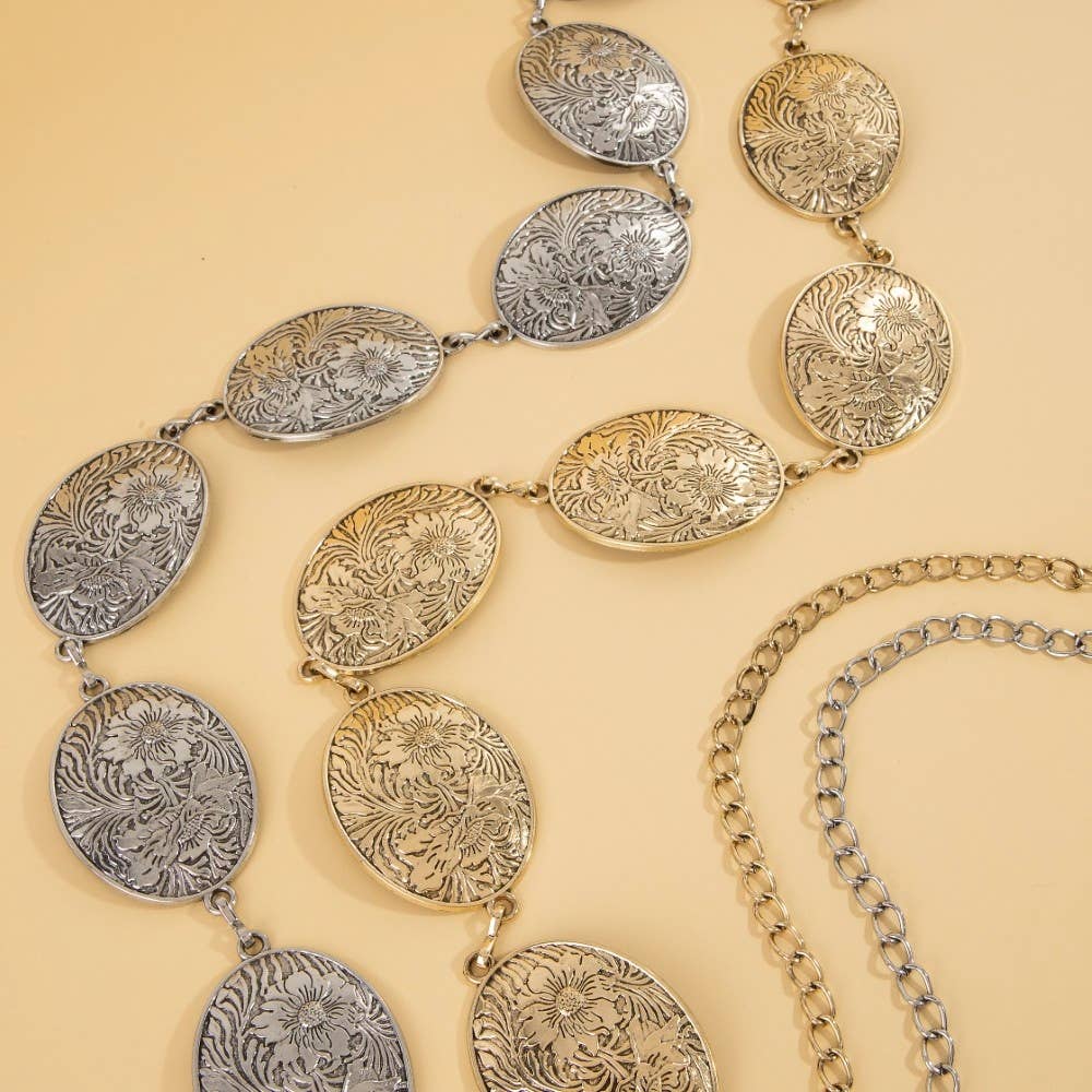 Flower Engraved Oval Concho Chain Belt