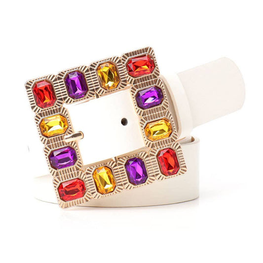 Lily Clothing - Diamond gemstone alloy buckle wide belt: WHITE / (OS) 1