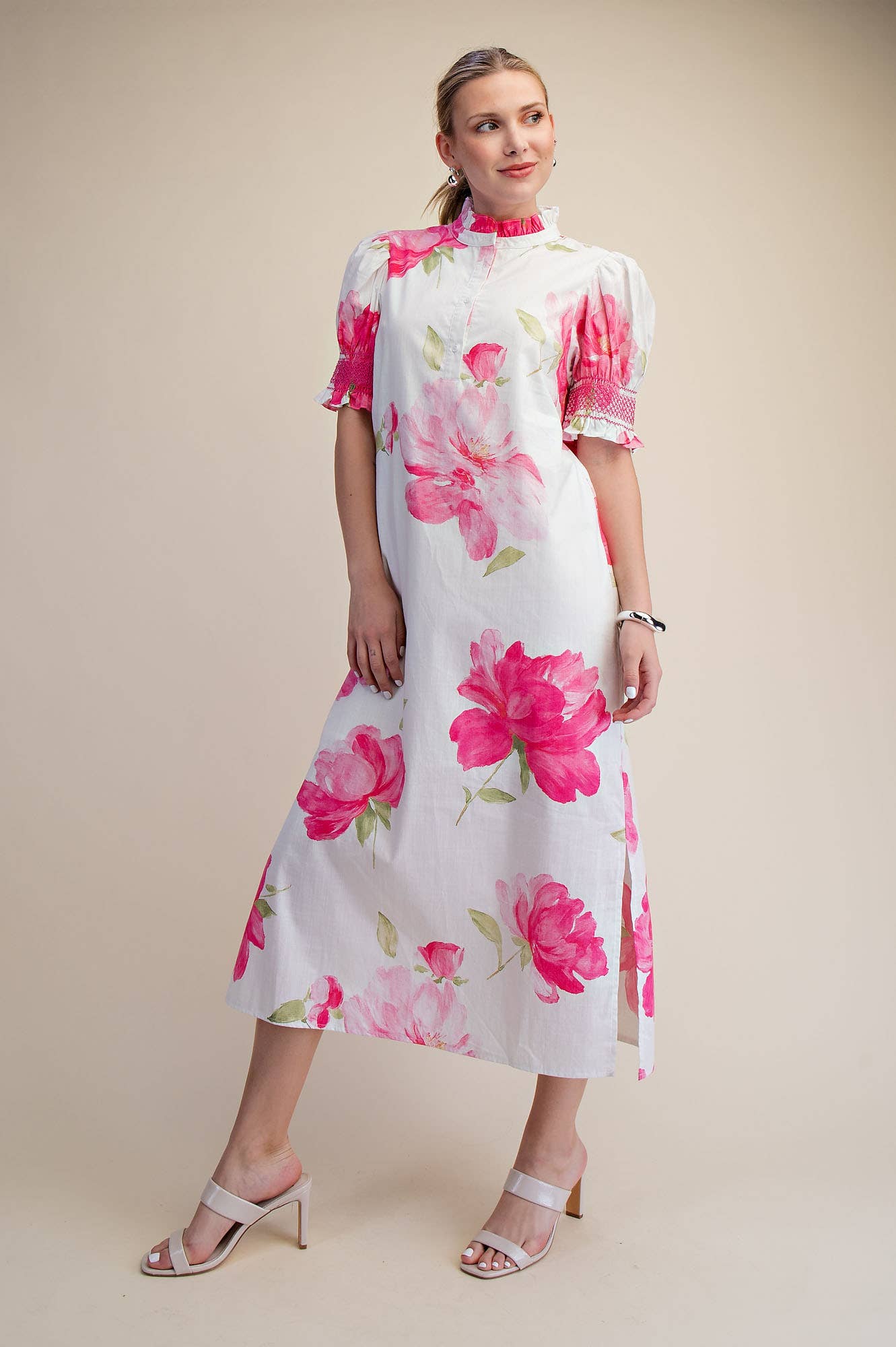 Pink Floral Ruffle Neck Puff Sleeve with Smocking Midi Dress