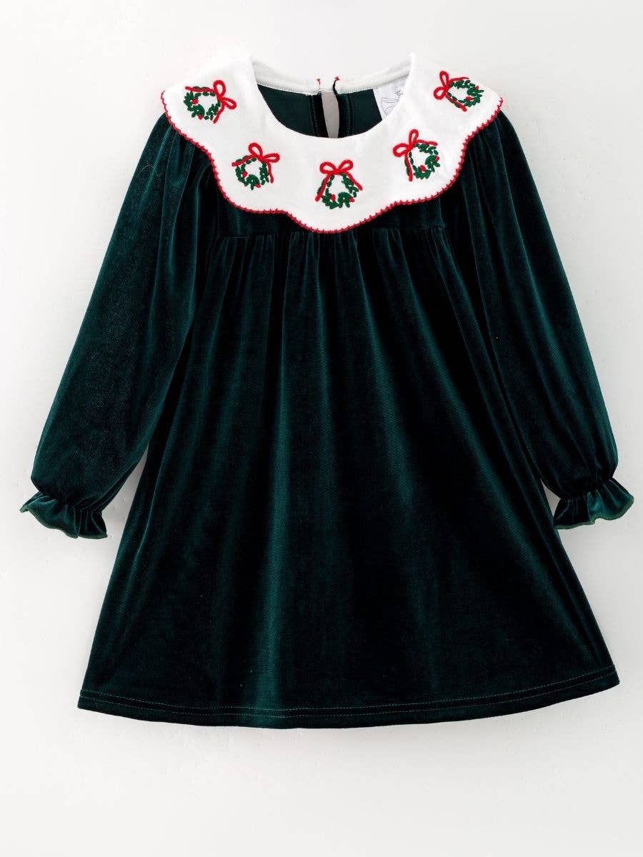 The Hair Bow Company - Green Velvet Christmas Wreath Collar Girls Dress: 2T