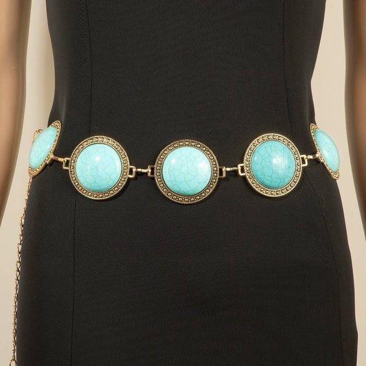 Large Western Concho Round Turquoise Stone Chain Belt