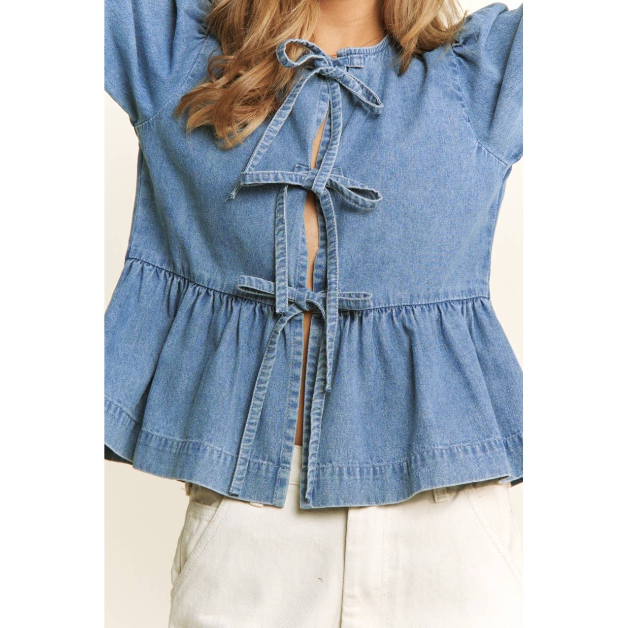 DENIM WASH OPEN FRONT LONG SLEEVE BABYDOLL TOP BLOUSE