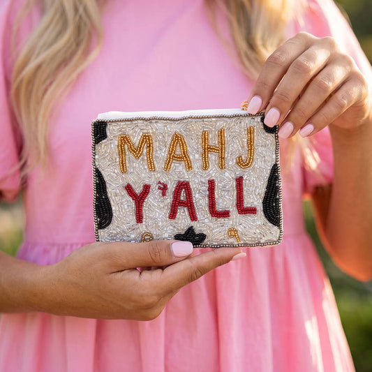 Mahj Yall Cow Print Beaded Coin Pouch: SILVER