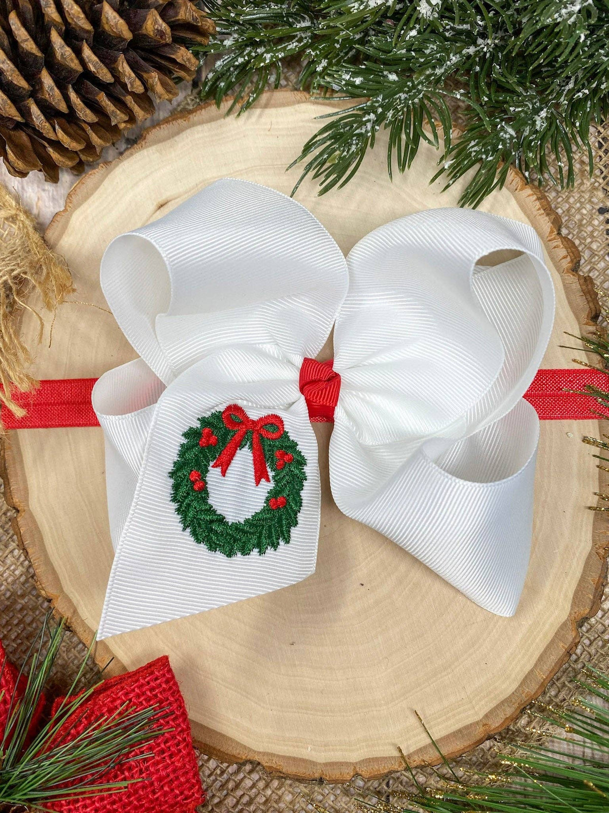 The Hair Bow Company - Wreath Embroidered Hair Bow | Christmas Hair Bow | Clip or Headband: Hair Bow on Clip