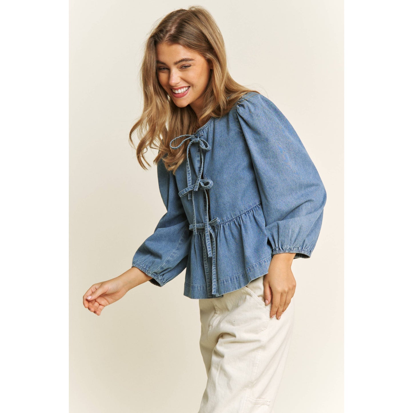 DENIM WASH OPEN FRONT LONG SLEEVE BABYDOLL TOP BLOUSE