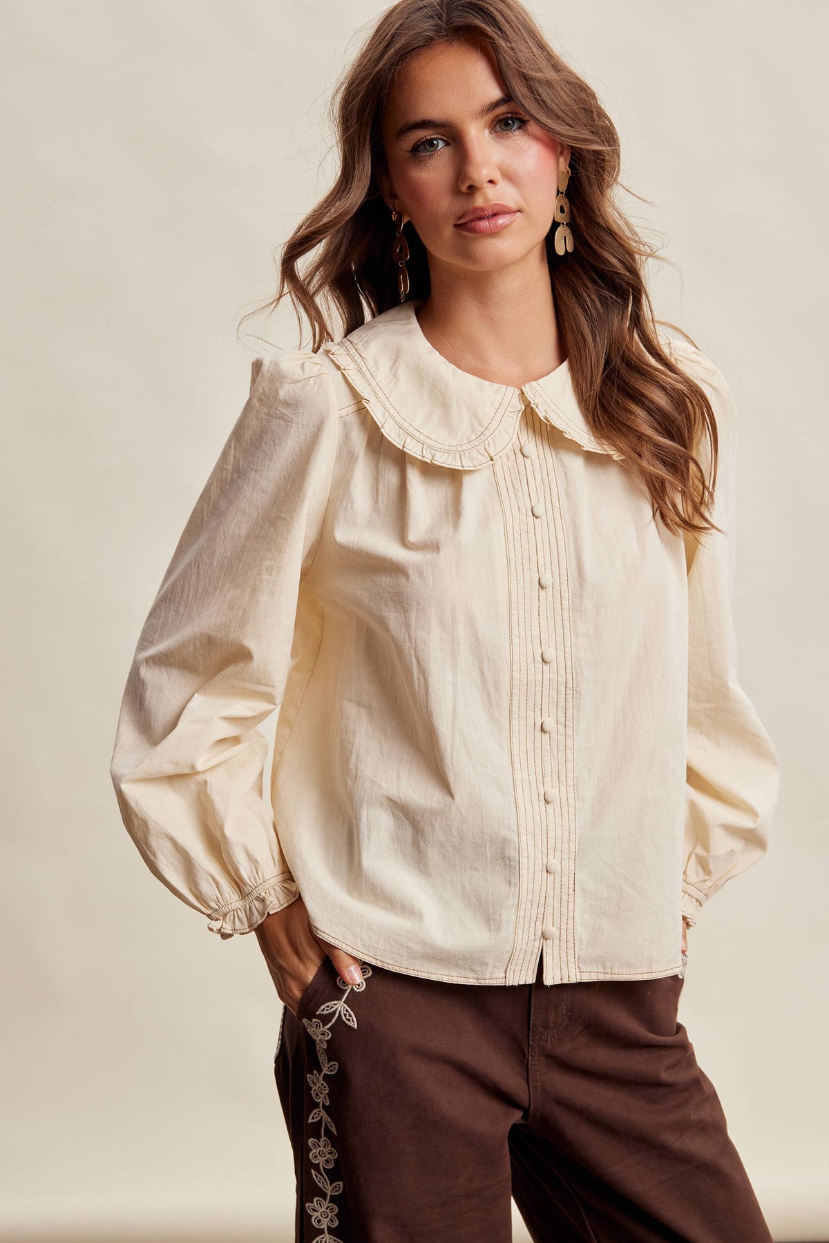 Contrast Stitch Ruffle Collar Cotton Blouse: Cream