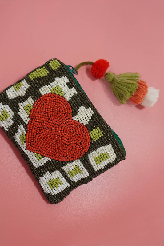 VALENTINE'S DAY RED HEART SEE BEAD COIN PURSE
